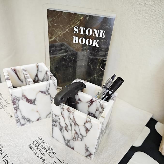 Natural Marble 2-Tier Organizer Box - Multi-Purpose Desktop & Kitchen Storage for Pens, Utensils, Makeup Brushes