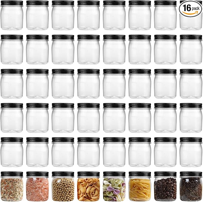 novelinks Plastic Jars With Lids 48Pcs 8 oz Mason Jars Food Storage for Milkshakes Juice Nuts Cupcakes (Black, 48 Pack 8 Ounce)