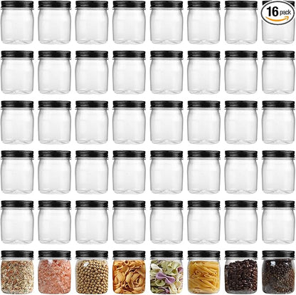 novelinks Plastic Jars With Lids 48Pcs 8 oz Mason Jars Food Storage for Milkshakes Juice Nuts Cupcakes (Black, 48 Pack 8 Ounce)