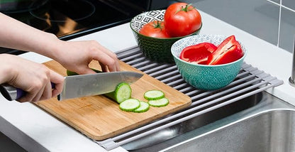 Surpahs 20.5 x 13.1 Inch Roll-Up Dish Drying Rack, Fits Sinks up to 19.5 Inch Wide, Heavy-Duty Premium Silicone, Strong Support, Non-Slip, Heat-Resistant, Warm Gray