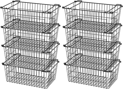 SANNO Freezer Basket Stackable Wire Baskets For Pantry Storage and Organization Pantry Storage Bins With Handles Sturdy Metal Food Baskets Pantry Organized,set of 8,Black
