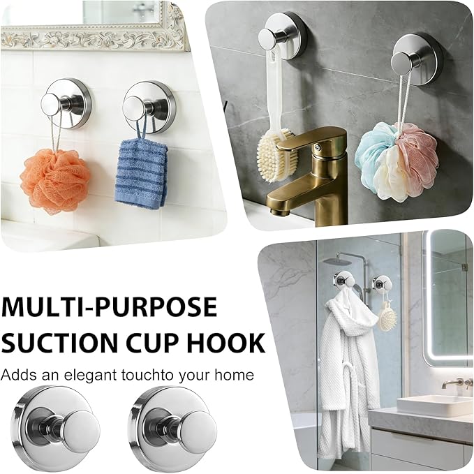 HESUSLA Suction Cup Hooks for Wreaths on Glass,2025 New Model No-Drill Suction Cup Hooks,Wreath Hangers for Front Doors,Metal Towel Hooks for Showers Bathrooms Mirrors(2 Pack,Chrome)
