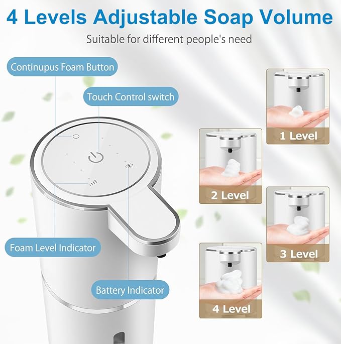 Gotofine Automatic Foaming Soap Dispenser, 4-Level Adjustable Foam, Wall Mount, USB Rechargeable, 12.8oz/380ml, Touchless Hand & Dish Soap Dispenser for Bathroom, Kitchen, Hotel, Restaurant