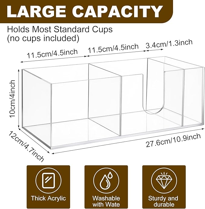 2 Pcs Acrylic Coffee Cup Holder With 3 Compartments Clear Coffee Cup Dispenser for Countertop Plastic Lid Holder Station Organizer Accessories for Kitchen Bar Shop Farmhouse Table