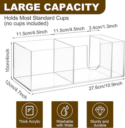 2 Pcs Acrylic Coffee Cup Holder With 3 Compartments Clear Coffee Cup Dispenser for Countertop Plastic Lid Holder Station Organizer Accessories for Kitchen Bar Shop Farmhouse Table