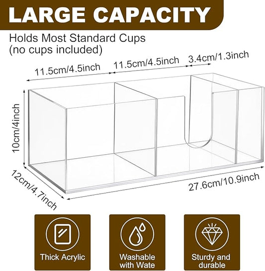 2 Pcs Acrylic Coffee Cup Holder With 3 Compartments Clear Coffee Cup Dispenser for Countertop Plastic Lid Holder Station Organizer Accessories for Kitchen Bar Shop Farmhouse Table