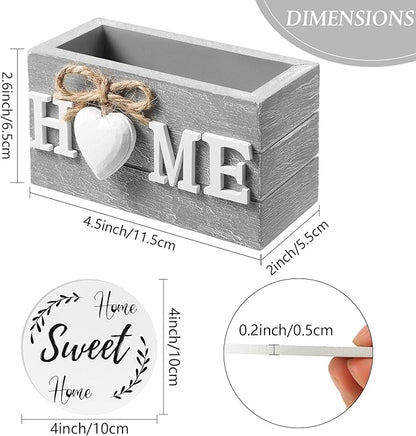 Queekay Coasters Set of 6 House Warming Gifts New Home Wooden Farmhouse Drink Coasters with Holder 4'' Funny Decoration for Kitchen Family Coffee Bar Tabletop Protection(White,Gray)