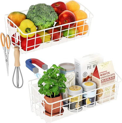 2PCS Magnetic Spice Rack for Refrigerator, Versatile Magnetic Shelf Organizer with 2 Hooks for Kitchen Storage, Large Capacity Spice Rack for Fridge, Oven - White