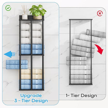 Towel Racks for Bathroom Wall Mounted with Wooden Storage Shelf, Updated 3 Bar Metal Towel Holder for Rolled Towels, Sturdy and Large Capacity, Towel Storage Organizer