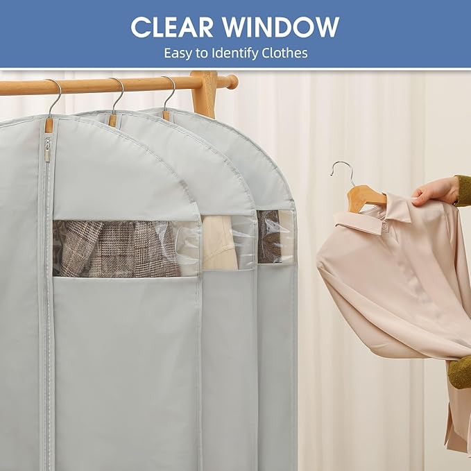 50" Garment Bags for Hanging Clothes, Suit Bags for Closet Storage and Travel, Grey Suit Cover Bags with Clear Window for Coats, Jackets, Dresses (2 Packs)