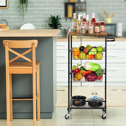 CADUKE Bar Cart with Handle, Serving Cart with Pull-Out Mesh Baskets, Utility Cart on Wheels for Kitchen, Dining Room, Living Room