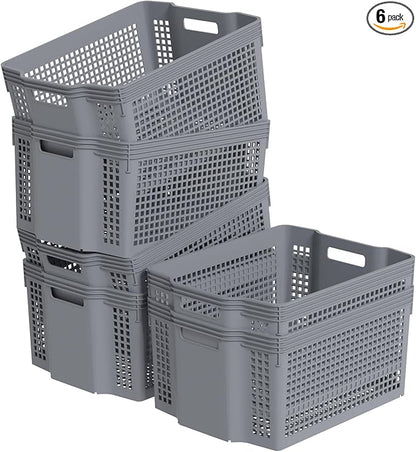 Large Plastic Stackable Basket, Stackable Storage Bins for Pantry, 6 Pack, Grey