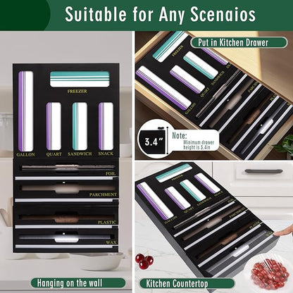 9 In 1 Storage Bag Organizer And Plastic Wrap Dispenser With Cutter, Bamboo Foil and Plastic Wrap Organizer