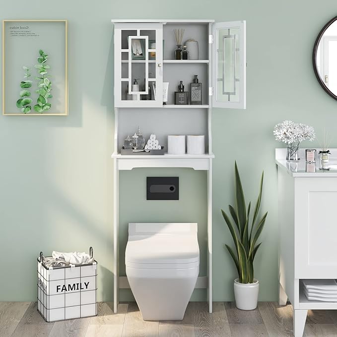 BestComfort Over The Toilet Storage Cabinet, Home Bathroom Space Saver Organizer Above Toilet, Double Doors and Adjustable Shelf, Wooden Freestanding Toilet Storage Rack Unit, 67 inch (White)