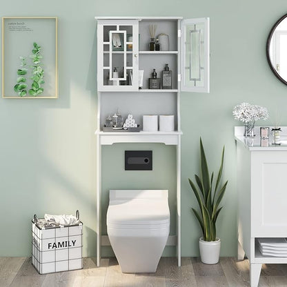 BestComfort Over The Toilet Storage Cabinet, Home Bathroom Space Saver Organizer Above Toilet, Double Doors and Adjustable Shelf, Wooden Freestanding Toilet Storage Rack Unit, 67 inch (White)