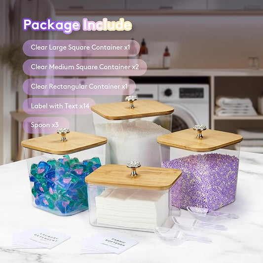 4 Pack Laundry Pod Containers and Dryer Sheet Holder for Laundry Room Organization Acrylic Jars with Lids and Labels for Laundry Detergent Laundry Pods Dry Sheet Organizing