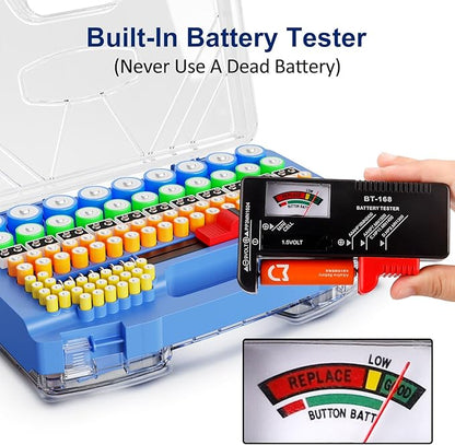 Battery Organizer Storage Holder Box Case with Tester, New Ultra-Large 285+Batteries Double-Sided Variety Pack, Holds AA AAA 4A C D 9V 3V Button Cell Lithium18650 CR2 CR123 CR1632 LR44 (Blue)