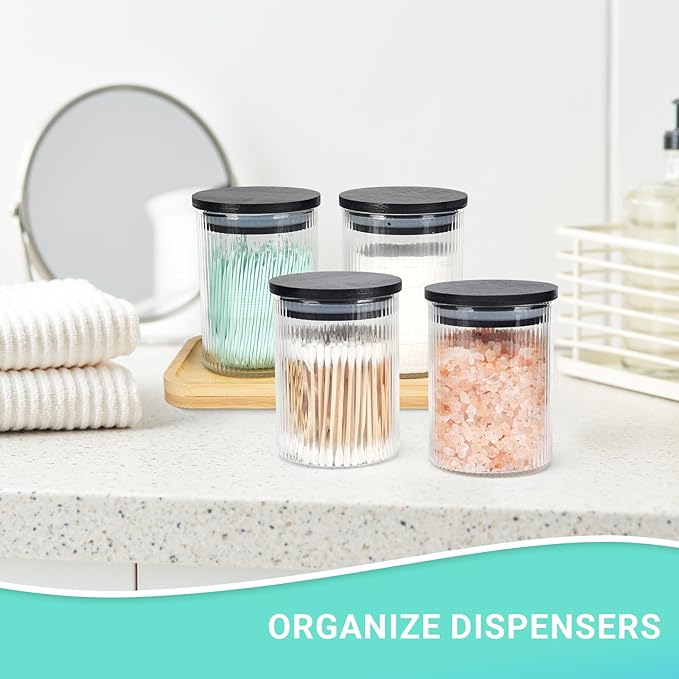 BKYFPQ 2 Pack Ribbed Glass Qtip Holder Dispenser Set - Apothecary Jars with Lids - Bathroom Canister Storage Organizer and Vanity Makeup Organizer for Cotton Ball, Cotton Swab, Cotton Round Pads,Floss