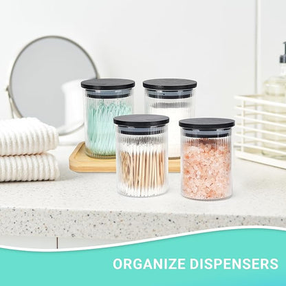 BKYFPQ 2 Pack Ribbed Glass Qtip Holder Dispenser Set - Apothecary Jars with Lids - Bathroom Canister Storage Organizer and Vanity Makeup Organizer for Cotton Ball, Cotton Swab, Cotton Round Pads,Floss