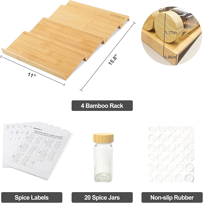 KitHero Spice Drawer Organizer with 20 Bamboo-lidded Spice Jars,216 Labels,25 Non-slip Rubber, Bamboo 4 Tier Seasoning Rack Tray Insert for Kitchen Drawers,Cabinets,Countertop,11" Wide x 15.8" Deep
