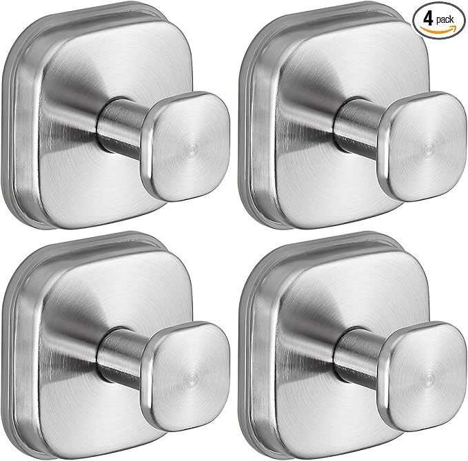 Supopular Suction Cup Hooks for Shower Heavy Duty No-Drill– Reusable Multi-Purpose Hooks Adheres to Glass, Mirrors, Tiles & Smooth Surfaces for Towels, Robes, Loofah& Body Sponge (4, Brushed Nickel)