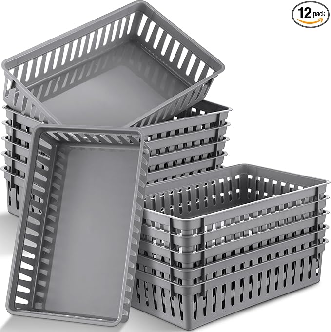 Wenqik Set of 12 Plastic Baskets for Organizing 10.24 x 6.5 x 2.36 Inch Rectangular Trays Plastic Organizer Bins Rectangle for Desk Organization(Grey)