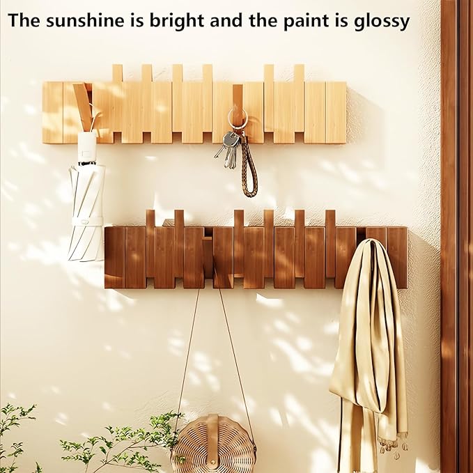 Wall Mounted Coat RackHooks Piano Key Hangers Natural Solid Wood Hanger Non-Woven Fabric Clothes Hangers for Closet, Kitchen, Bedroom, Bathroom, Entryway (Led Walnut, 4 Hooks)