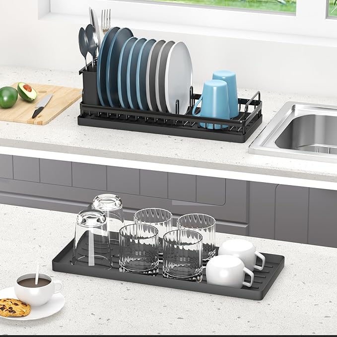 CHLORYARD Small Dish Drying Rack, Compact Sink Dish Drainer Plate Organizer with Utensil Holder and 2pcs Silicone Drying Mats for Kitchen Counter, RVs, Apartments