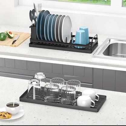 CHLORYARD Small Dish Drying Rack, Compact Sink Dish Drainer Plate Organizer with Utensil Holder and 2pcs Silicone Drying Mats for Kitchen Counter, RVs, Apartments