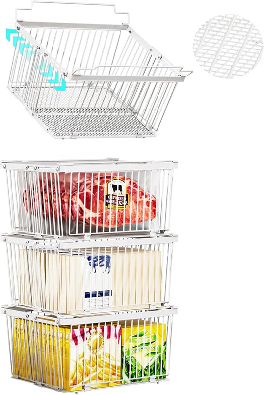 ANJUBAN Large Freezer Organizer Bins，Upgraded Bottom Leak-Proof net，Fit 5 to 9 Cu Ft Chest Freezer，4 Pack， Expandable Stackable Chest Freezer Containers with Handle (White-4P)