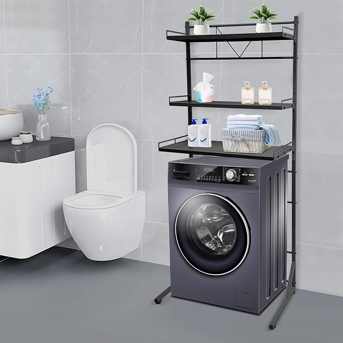 Eapmic Over The Washer and Dryer Storage Shelves, Laundry Room Standing Shelf, 3 Tier Expandable Washer and Dryer Rack with Adjustable Height, Over Toilet Washing Machine Width Within 25.2" (Black)