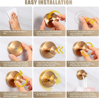 Fenas Suction Cup Hooks for Shower No-Drill Bathroom Hooks for Towels, Robes, Loofah Mountable on Bathroom Walls, Kitchen, Glass, Mirrors, Tile and Smooth,Non-Porous Surfaces (2, Champagne Bronze)
