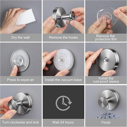 PZTO Suction Cup Hooks:Metal Hanger,for Galss Window Door & Tile Wall,Shower Bathroom Towel Holder Hanging Hook, 2 Pack (Brushed Silver)