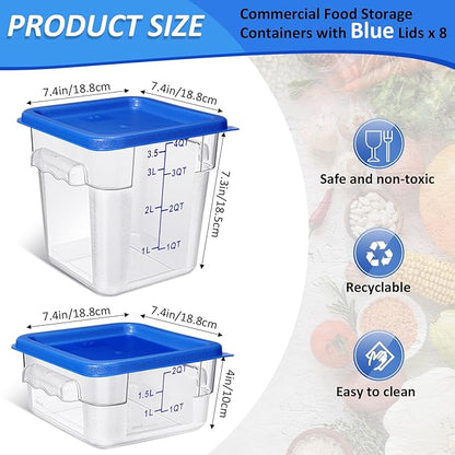 Yungyan 8 Pcs Restaurant Food Storage Containers with Lids Set 2Qt and 4Qt Commercial Restaurant Square Storage Containers Clear Food Cereal Container for Kitchen Freezer (Blue Lids)