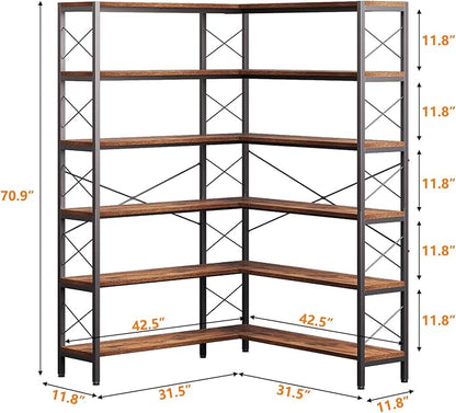 6-Shelf Corner Bookshelf, Vintage Industrial L Shaped Bookshelf Etagere Bookcase, Corner Shelf with Metal Frame Open Storage Rack Corner Book Shelf for Home Office Living Room (Retro Brown)