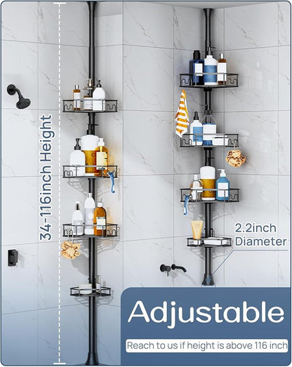 SEIRIONE Corner Shower Caddy Tension Pole, 4-Tier Rust-Free Shower Organizer Corner, Adjustable Shelf for Bathroom Storage, Easy-Install Standing Rack, 34 to 116Inch, Black