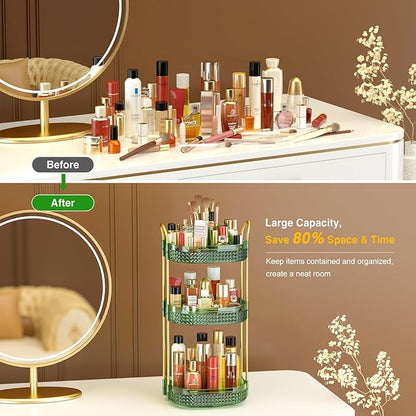 Awenia Rotating Makeup Organizer 360, Stackable Adjustable Large Capacity Cosmetic Storage Unit,Dresser Bathroom Kitchen Countertop Organizer with Metal Handle, Plus Size (Gem Green, 3 Tier)