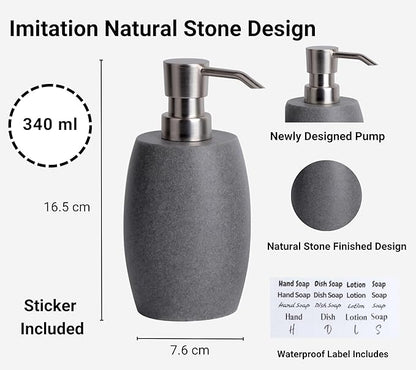 Clasin Home Sandstone Textured Resin Soap Dispenser with Metallic Pump and Waterproof Bottle Labels for Bathroom Kitchen Dish Hand Wash Shower Lotion Shampoo, 12 Oz, 2 Sets Gray