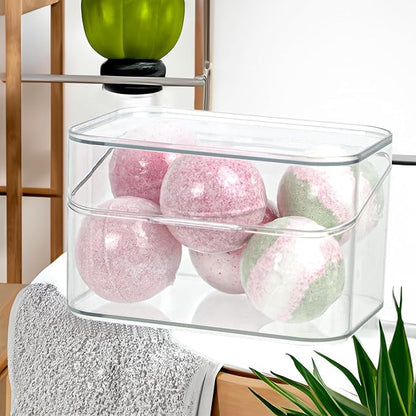 Clear Bathroom Organizer, 2-Size Essentials Set for Hail Accessories & Beauty Supplies,Cotton Swabs,Balls,Pads - Small Clear Plastic Canister Apothecary Jar Set, Vanity Makeup Storage Organizer (L+2S)