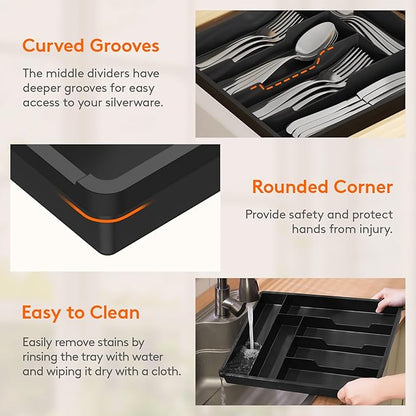 Lifewit Silverware Tray, Deep Wide Cutlery Drawer Organizer Storage for Kitchen, Plastic Flatware Utensil Holder Divider for Spoons Forks Knives Tableware, 6 Compartment, Black