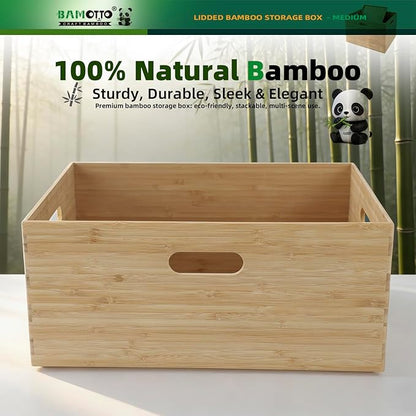 14.6”x10.2”x6.5” Lidded Storage Bins - Stackable Bamboo Box/Cube/Basket with Handles for Home Kitchen Office, Organize Tableware Clothing Toys Books