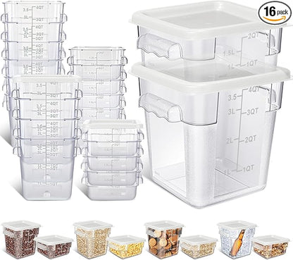 Yungyan 16 Pcs Restaurant Food Storage Containers with Lids Set 2Qt and 4Qt Commercial Restaurant Square Storage Containers Clear Food Cereal Container for Kitchen Freezer (White Lids)