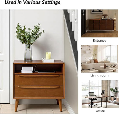 HULALA HOME End Table with Charging Station, Mid-Century Modern 2 Drawer and Open Shelf, Fluted End Table（Acorn, Set of 2）