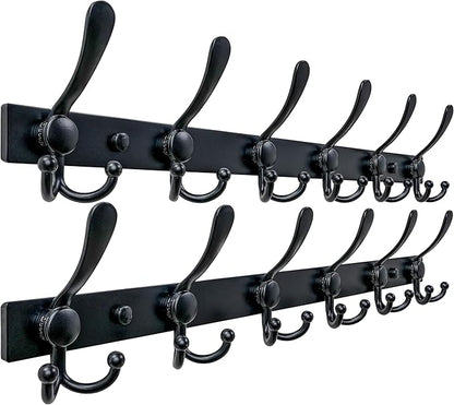 Dseap Coat Rack Wall Mount 2.0 Pro: 24” Long, 3X Tougher, Heavy Duty Stainless Steel Wall Coat Hanger with 6 Tri Hooks for Clothes Jackets Hats Entryway Closet, Black, Pack of 2