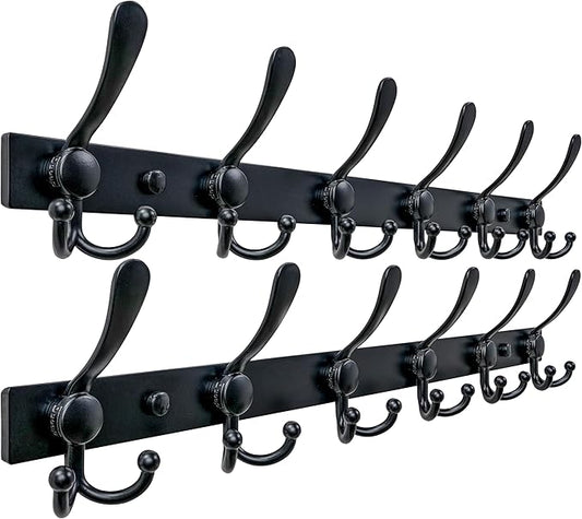 Dseap Coat Rack Wall Mount 2.0 Pro: 24” Long, 3X Tougher, Heavy Duty Stainless Steel Wall Coat Hanger with 6 Tri Hooks for Clothes Jackets Hats Entryway Closet, Black, Pack of 2