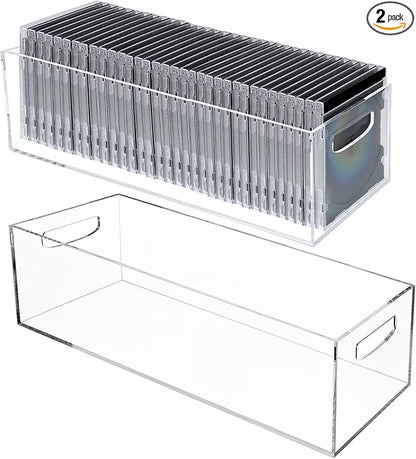2 Pack DVD/CD Storage Box Acrylic Clear DVD Holder Case with Handles Stackable Storage Container Shelf Organizer Bin for CDs Video Games Cases Blu-Rays Books Booklets Countertop Cabinet Home Office