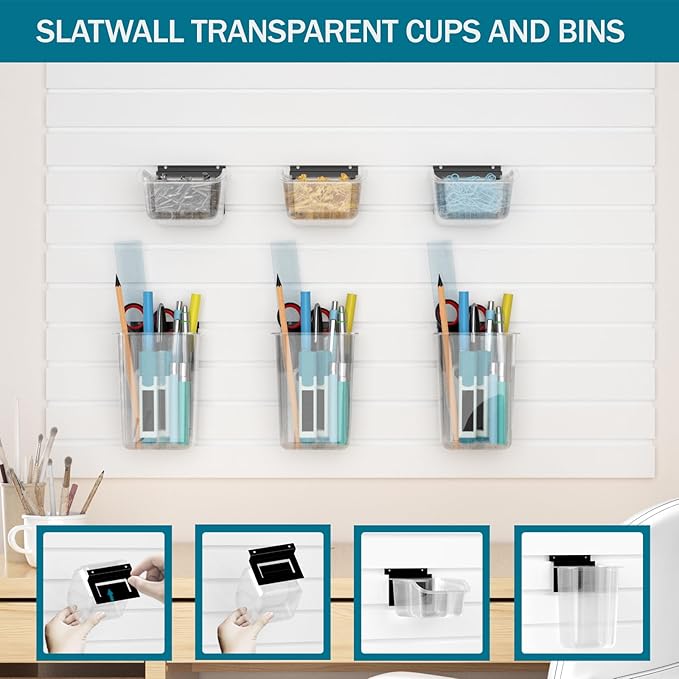 12 Packs Slatwall Accessories,Includes 6 Packs of Slatwall Boxes and 6 Packs of Slatwall Cups,Slatwall Containers Storage Organizer for Craft Garage Tool Storage Room Panel (Transparent)