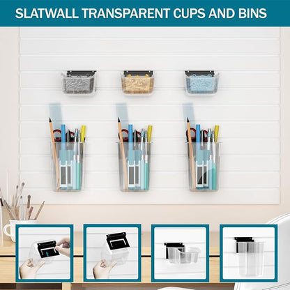 12 Packs Slatwall Accessories,Includes 6 Packs of Slatwall Boxes and 6 Packs of Slatwall Cups,Slatwall Containers Storage Organizer for Craft Garage Tool Storage Room Panel (Transparent)