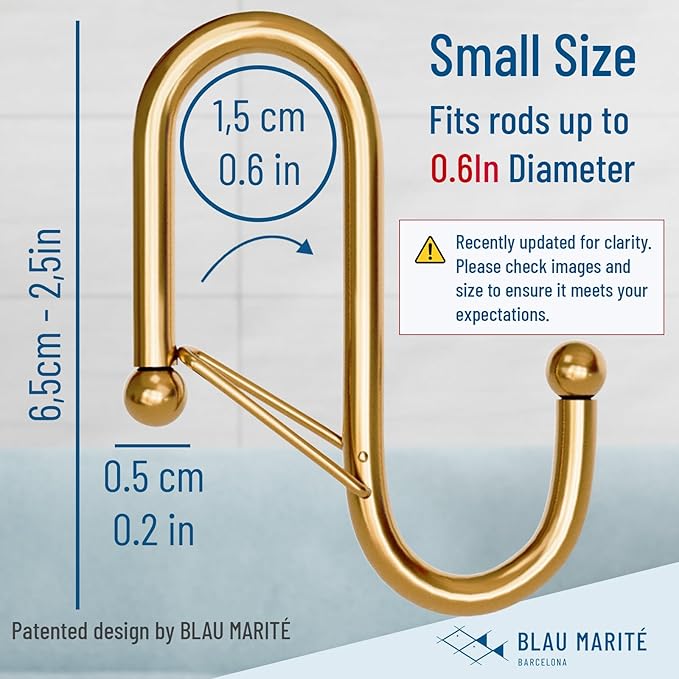 Blau Marité 10-Pack Metal S Hooks for Hanging – Heavy-Duty S-Shaped Hooks with Safety Buckle – Fits Bars up to 0.6 In – Anti-Drop Hook for Kitchen, Pot Racks & Towel Bars – Gold (Small)