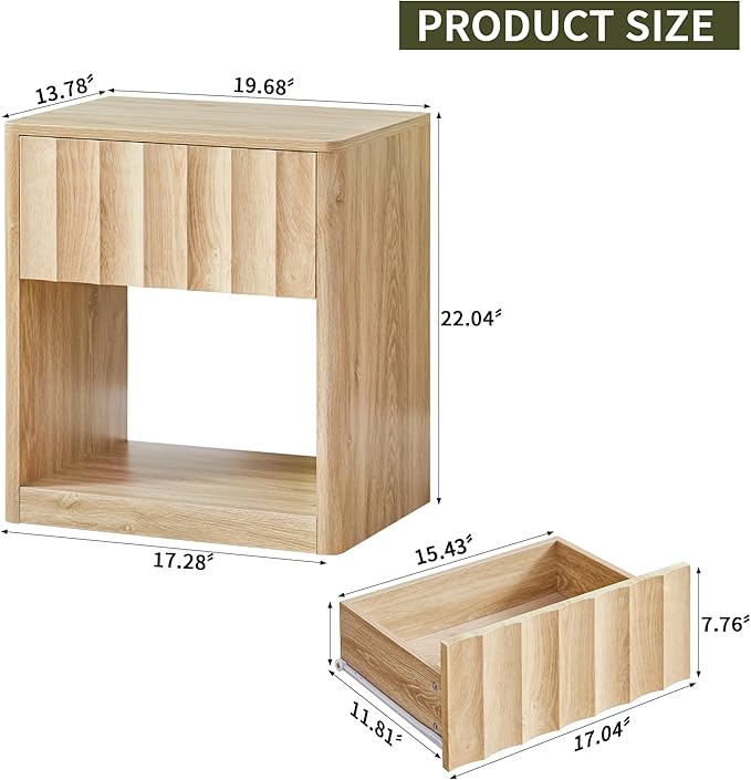 Bifins Fluted Dresser, Small Nightstands Set of 2, Natural Bedside Table with Drawer and Storage, Mid Century Modern Side Table for Bedroom Sofa